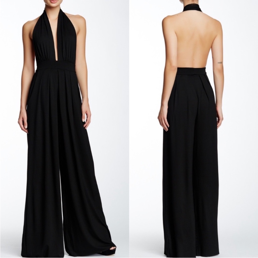 Nadia Tarr Jumpsuit Halter Wide-Leg Jumpsuit Flowy Sleeveless Black Size XS Chic